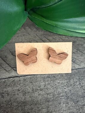 Hand Crafted Brown Wood Butterfly Stud Earrings